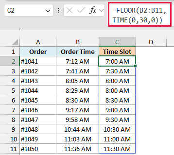 FLOOR with TIME in Excel rounding order times down to the nearest 30 minutes