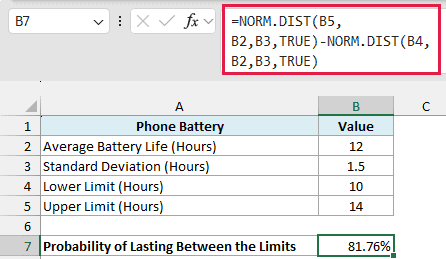 Two NORM.DIST results subtracted give 81.76% as the chance of lasting between 10 and 14 hours