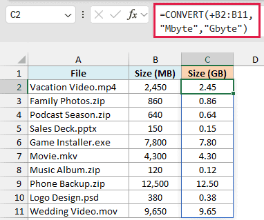 CONVERT with the Mbyte and Gbyte codes turns every file size into gigabytes