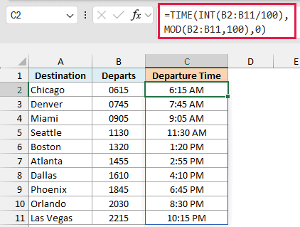 INT and MOD split each number into hours and minutes, and TIME turns 1320 into 1:20 PM