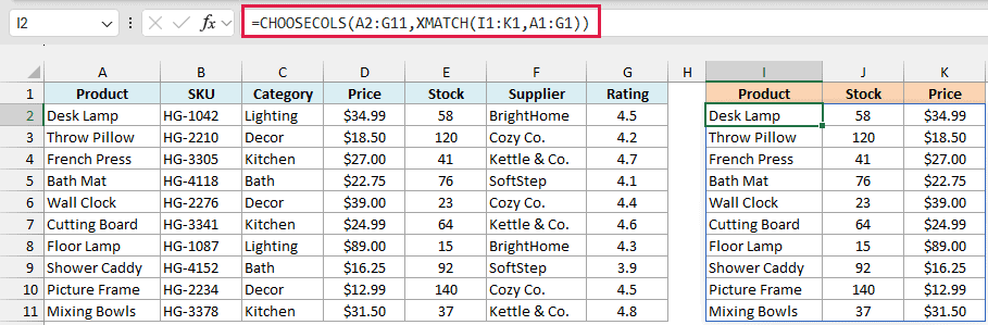 CHOOSECOLS with XMATCH returns the Product, Stock, and Price columns in the order of the typed headers