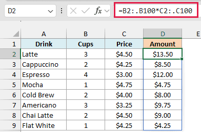 Trim reference formula multiplying cups by price for the eight drinks