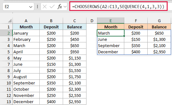 CHOOSEROWS with SEQUENCE(4,1,3,3) returns the March, June, September, and December rows