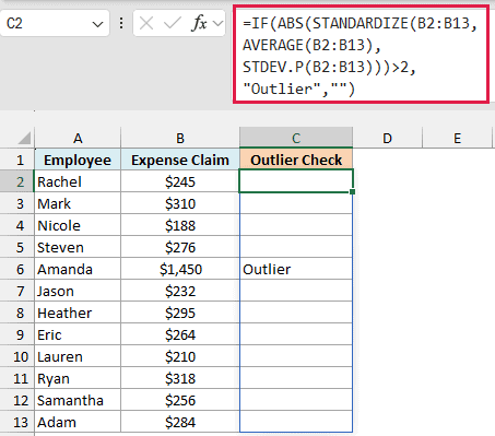 IF, ABS, and STANDARDIZE formula flags only Amanda's $1,450 claim as an outlier