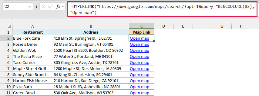 HYPERLINK and ENCODEURL formula creates an Open map Google Maps link for each address