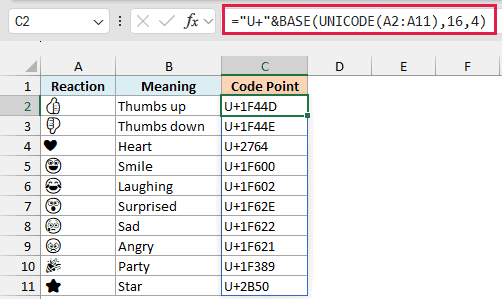 UNICODE with BASE returns the U+ code point of each emoji, U+1F44D for the thumbs up