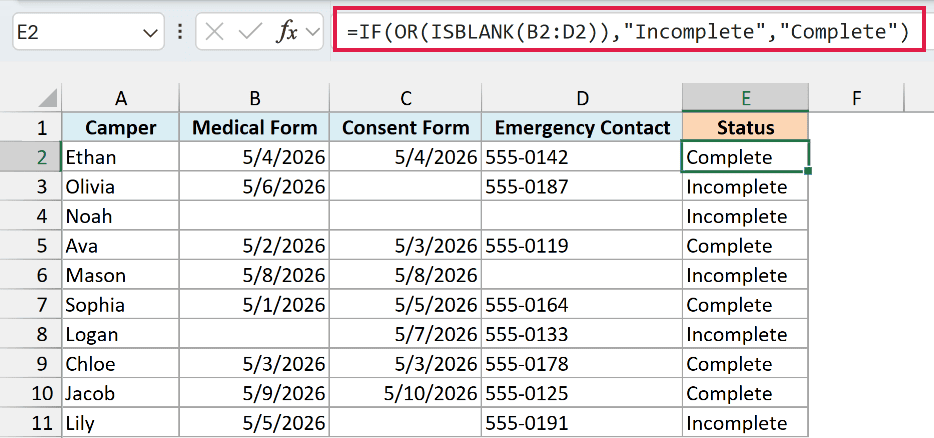 IF, OR, and ISBLANK formula marking campers Complete or Incomplete
