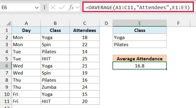 DAVERAGE formula with OR criteria returning 16.8 average attendance for Yoga and Pilates classes