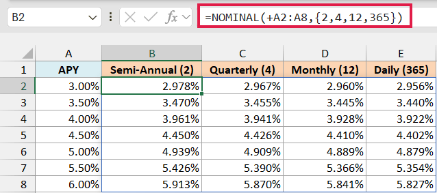 One NOMINAL formula with an array constant fills the APY to nominal rate conversion table