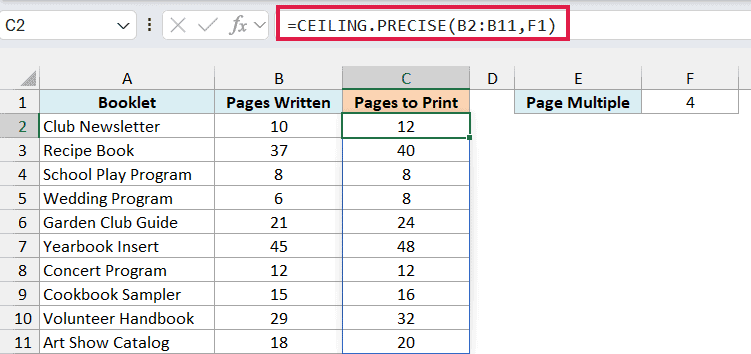 Excel formula bar showing CEILING.PRECISE(B2:B11,F1) to round page counts to the nearest multiple of 4 in cell F1