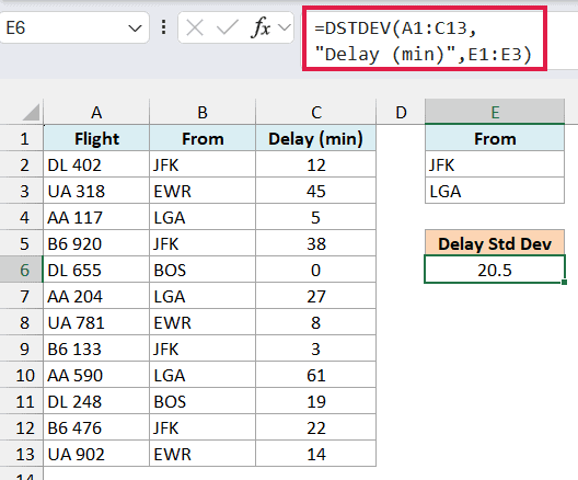 DSTDEV formula with OR criteria rows returning 20.5 for flights from JFK or LGA