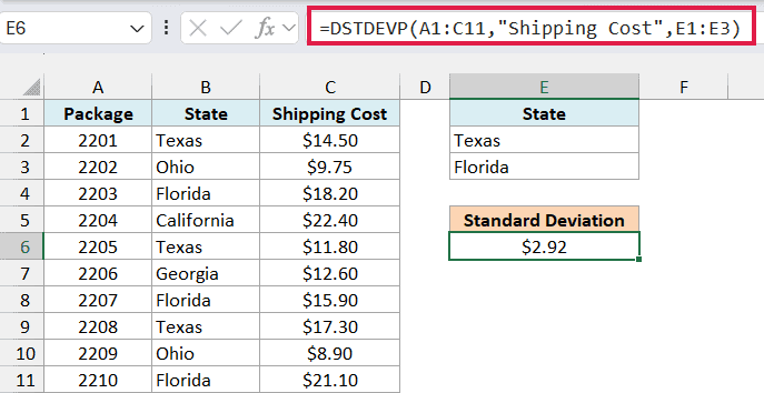 DSTDEVP formula in E6 returning $2.92 for packages shipped to Texas or Florida