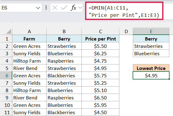DMIN formula with OR criteria rows returning $4.95, the lowest strawberry or blueberry price