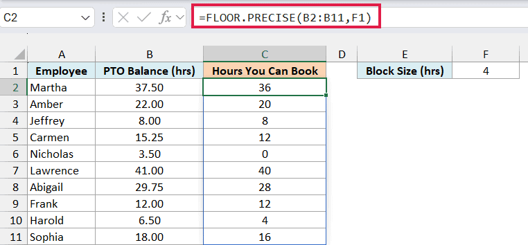 Excel formula =FLOOR.PRECISE(B2:B11,F1) rounding PTO hours in column B down to the nearest 4-hour block size in cell F1