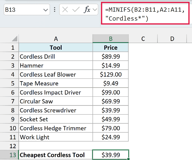 MINIFS with the Cordless* wildcard returns $39.99