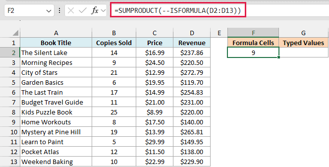 SUMPRODUCT and ISFORMULA formula counting 9 revenue cells with formulas