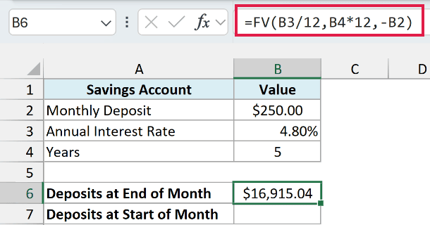 FV formula for deposits at the end of each month returns $16,915.04