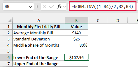 NORM.INV with (1-B4)/2 returns $107.96 as the lower end of the middle 80% range