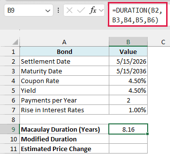 DURATION formula returns a Macaulay duration of 8.16 years for the bond