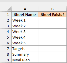 Checklist of the sheets the tracker should have, with an empty Sheet Exists column