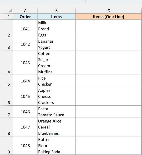 Grocery orders with each item on its own line in the cell and an empty Items (One Line) column