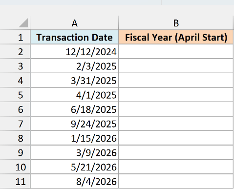 Transaction dates in column A and an empty fiscal year column B for an April start in Excel