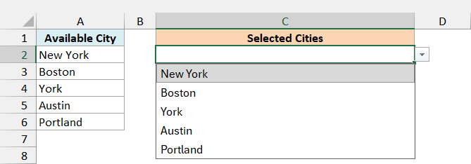 The completed city drop-down list in C2.