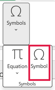 Symbol option in the Symbols drop-down on the Insert tab