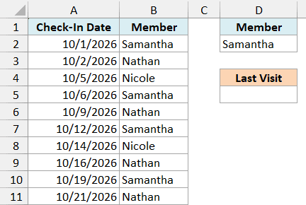 Excel table showing gym check-in dates for members, with a criteria range set to find Samantha's last visit date
