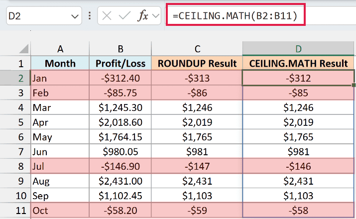 CEILING.MATH beside ROUNDUP rounds -312.40 to -312, toward the larger number