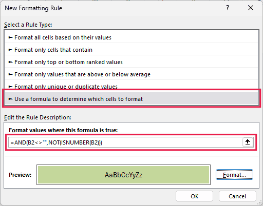 New Formatting Rule dialog with an ISNUMBER formula and a light green format preview