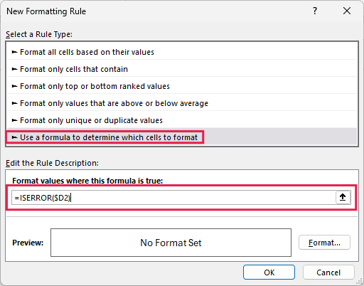 New Formatting Rule dialog box with the ISERROR($D2) formula entered
