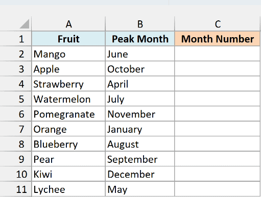 Fruits with their peak month written as a name beside an empty Month Number column