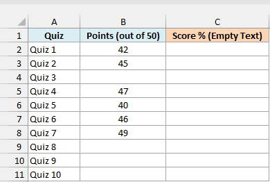 Quiz points out of 50 with Quiz 3 and Quizzes 8 to 10 missing and an empty score percentage column