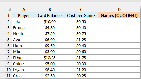 Arcade players with a card balance and cost per game beside an empty Games column