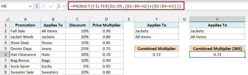 PRODUCT and FILTER formula in H6 returning the same 0.72 multiplier