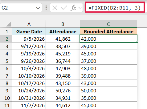 FIXED with -3 decimals in C2 rounds each attendance to the nearest thousand