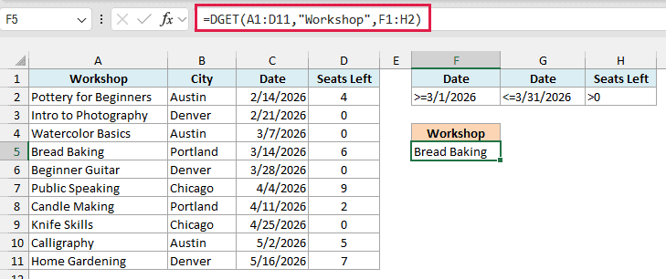 DGET formula returning Bread Baking, the only March workshop with seats left