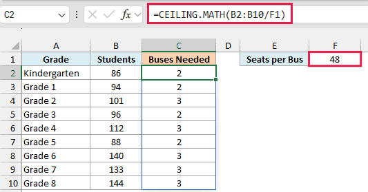 CEILING.MATH divides students by the seats in F1 and rounds up to whole buses