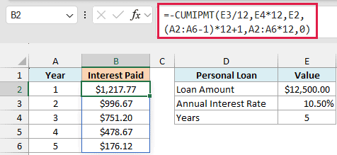 One CUMIPMT formula spills the interest for each year, from $1,217.77 in year 1 to $176.12 in year 5
