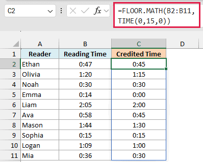 FLOOR.MATH with TIME(0,15,0) rounds each reading time down to full 15-minute blocks