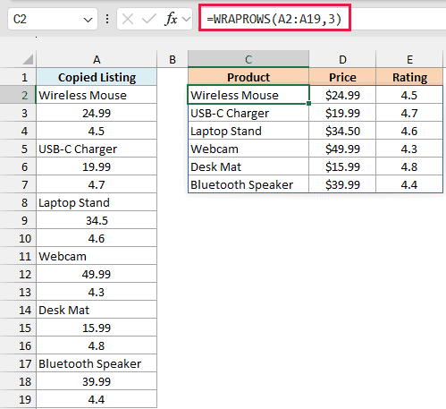 WRAPROWS with a wrap count of 3 turns the stacked product listing into a six-row table