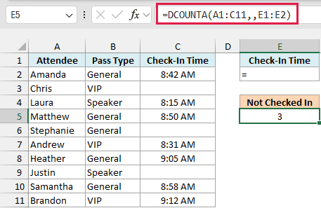 DCOUNTA returns 3, the attendees with no check-in time