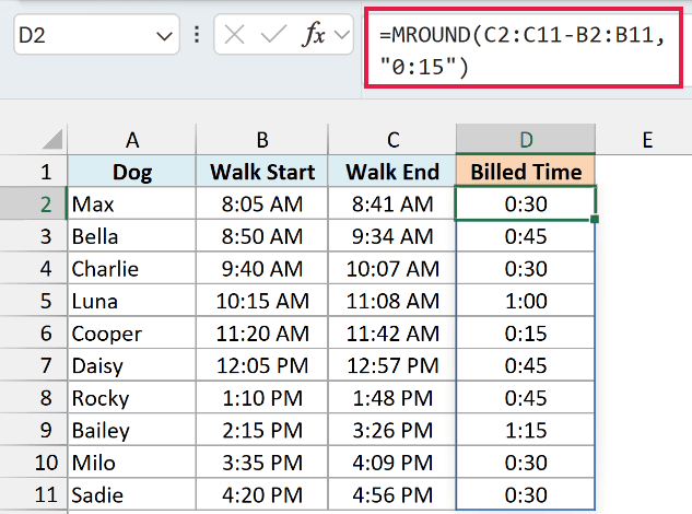 MROUND rounds each walk length to the nearest 15 minutes and spills the billed times