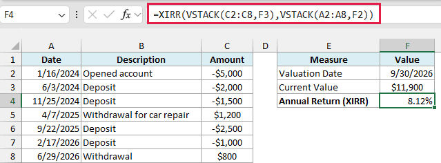 XIRR with VSTACK adds the current value and valuation date to the log and returns 8.12%