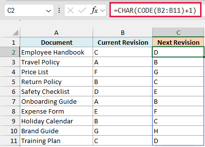 CHAR and CODE return the next revision letter, D after C and B after A