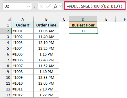 MODE.SNGL with HOUR returns 12 as the busiest hour of the day