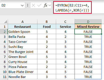 BYROW with XOR spills TRUE for restaurants where only one of the two ratings is 4 or more