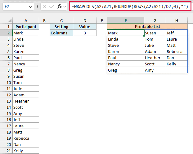 WRAPCOLS with ROUNDUP and ROWS fits the 20 participants into three columns of seven