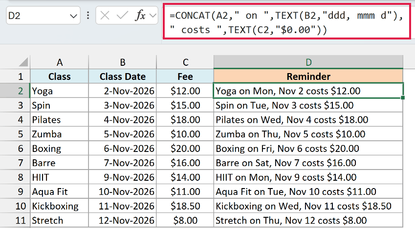 CONCAT and TEXT formula creates a reminder for each fitness class with its date and fee formatted.
